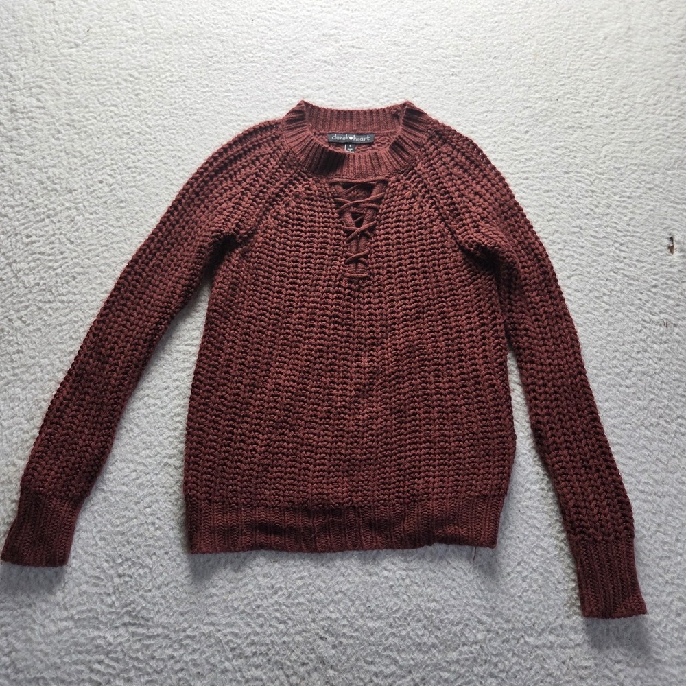 Derek Heart Sweater Womens Small Brown V Neck Long Sleeve Lace Up Knit Pullover